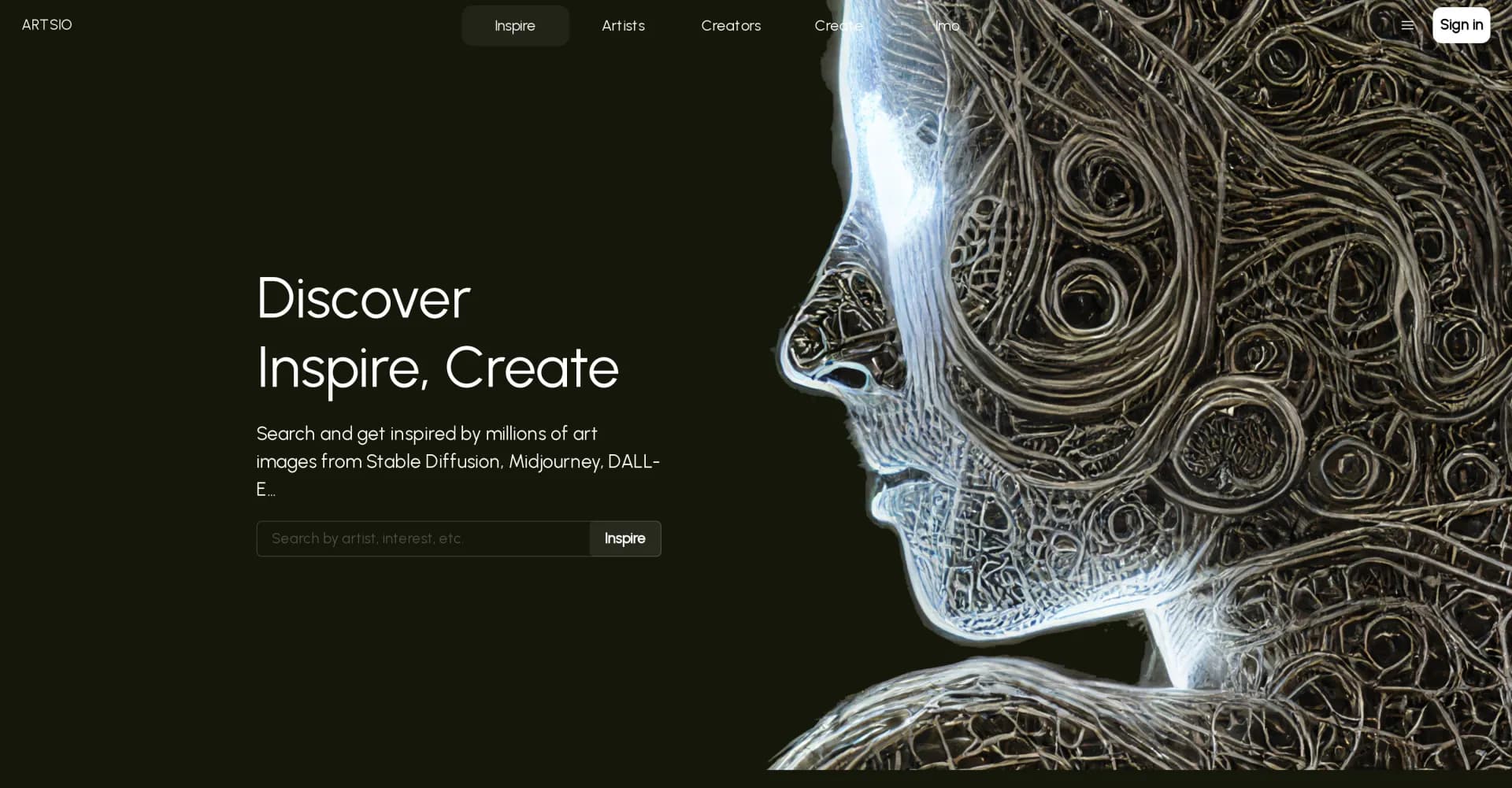 ARTSIO homepage screenshot — Discover, inspire, and create AI-generated art.