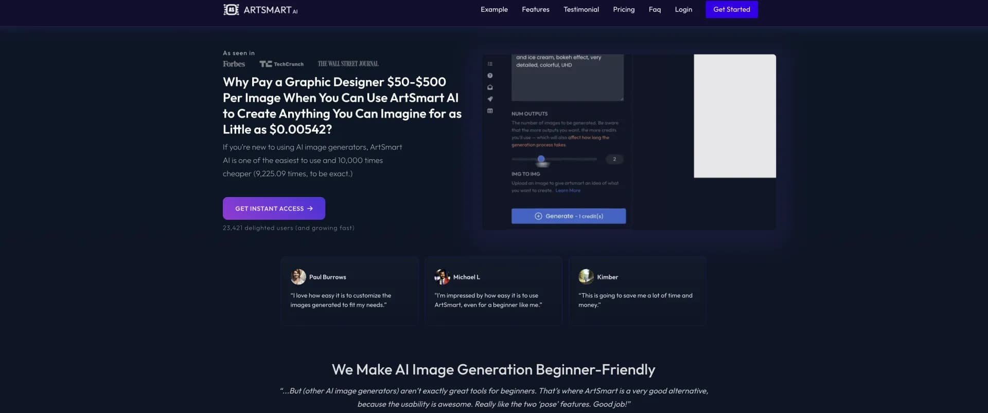 ArtSmart AI homepage screenshot — Convert text to captivating visuals instantly.