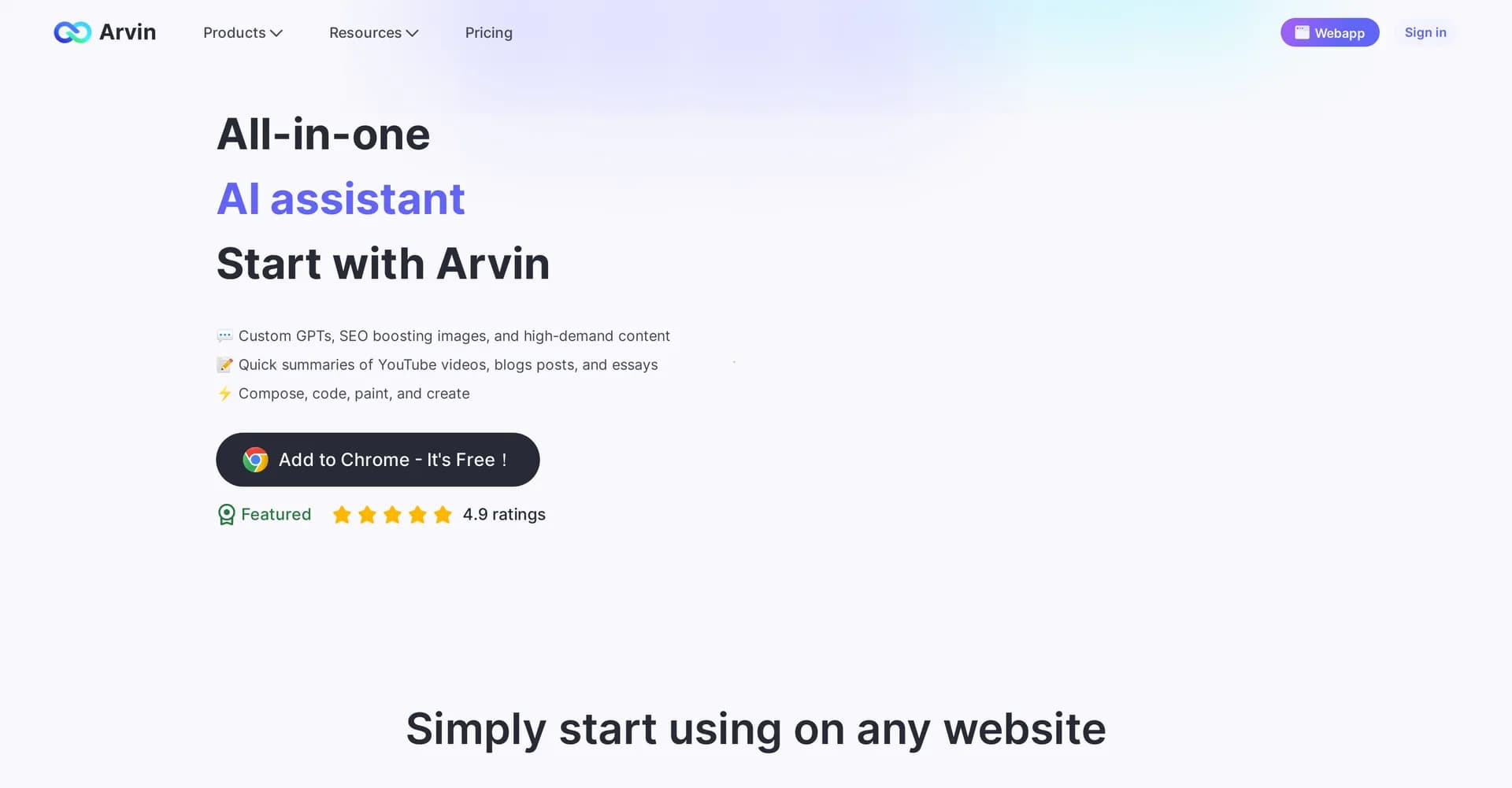 Arvin homepage screenshot — Elevate your writing with AI-powered assistance.