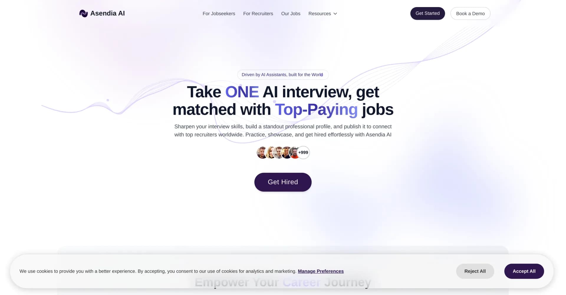 Asendia AI homepage screenshot — AI-powered tools to simplify recruitment and ace interviews.