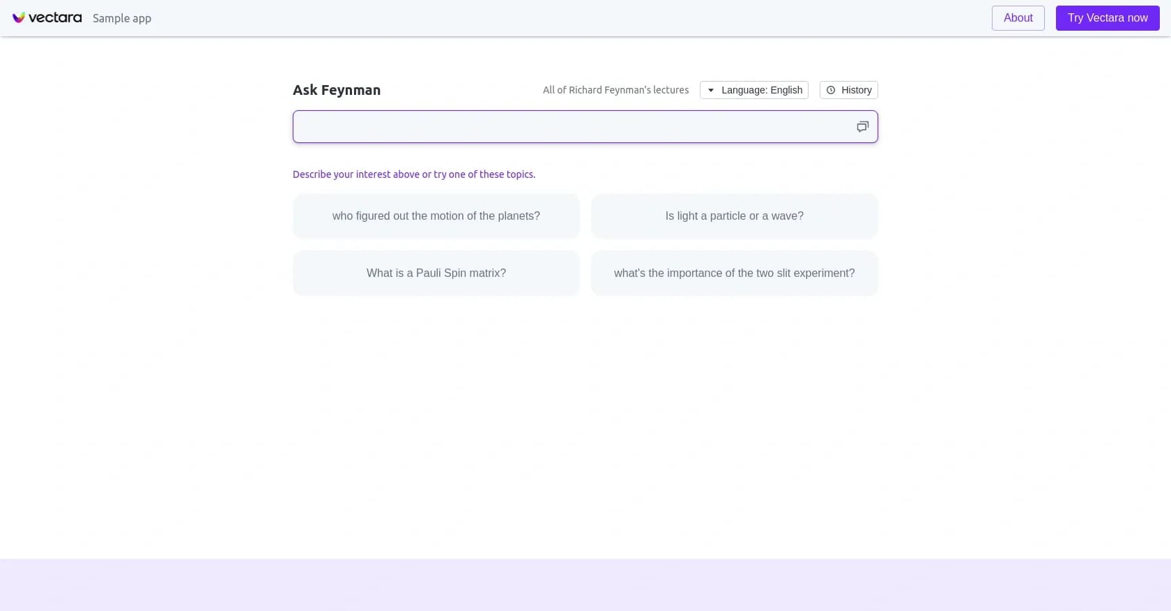 Ask Feynman homepage screenshot — Ask Richard Feynman's lectures anything.