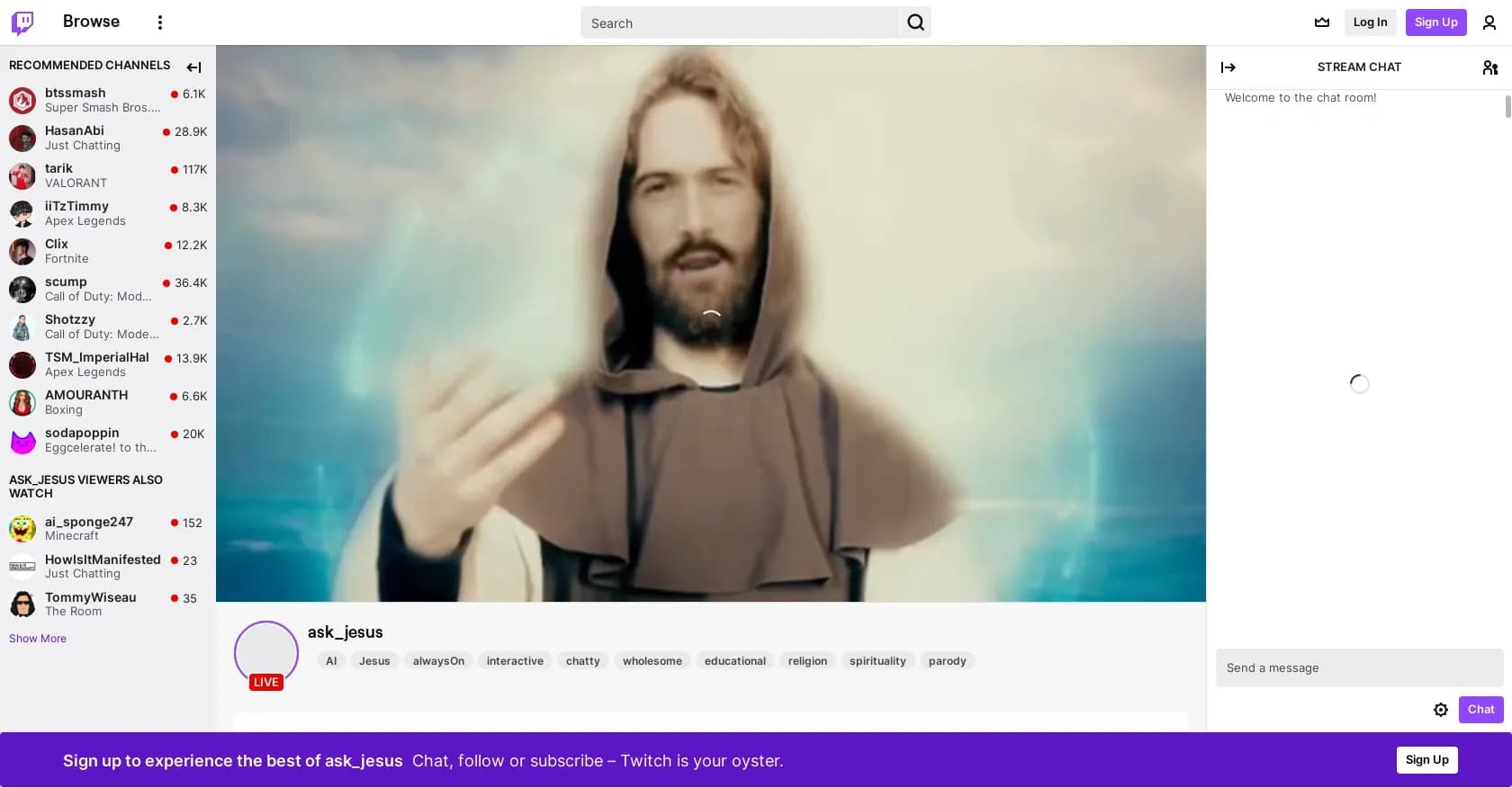 Ask Jesus homepage screenshot — AI Jesus: 24/7 interactive talk show