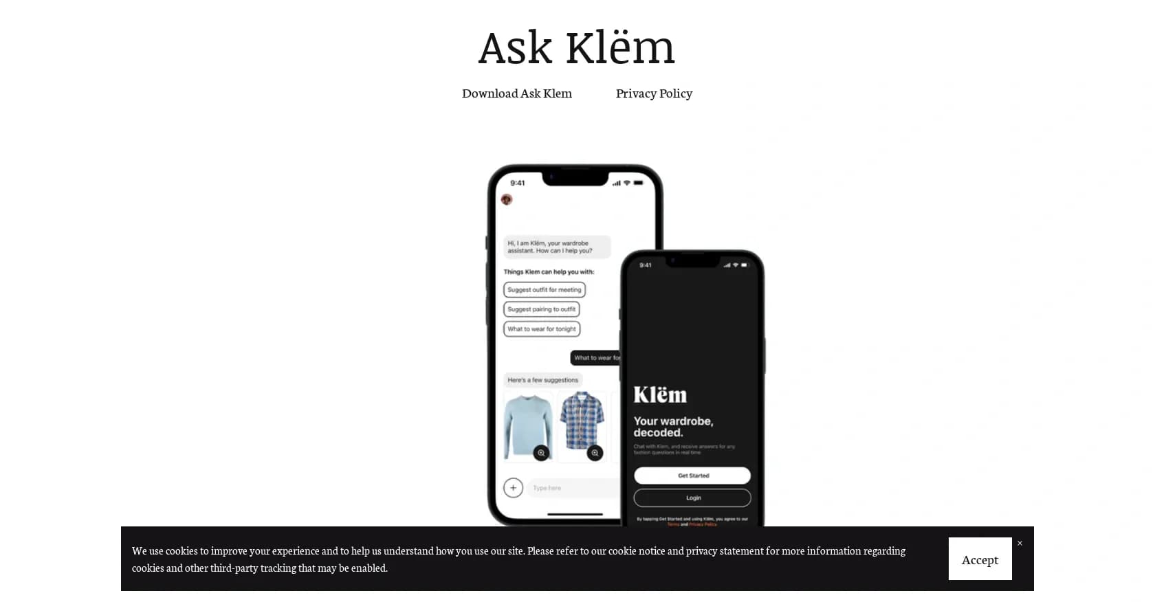 Ask Klem homepage screenshot — Your personal fashion advisor in your pocket.