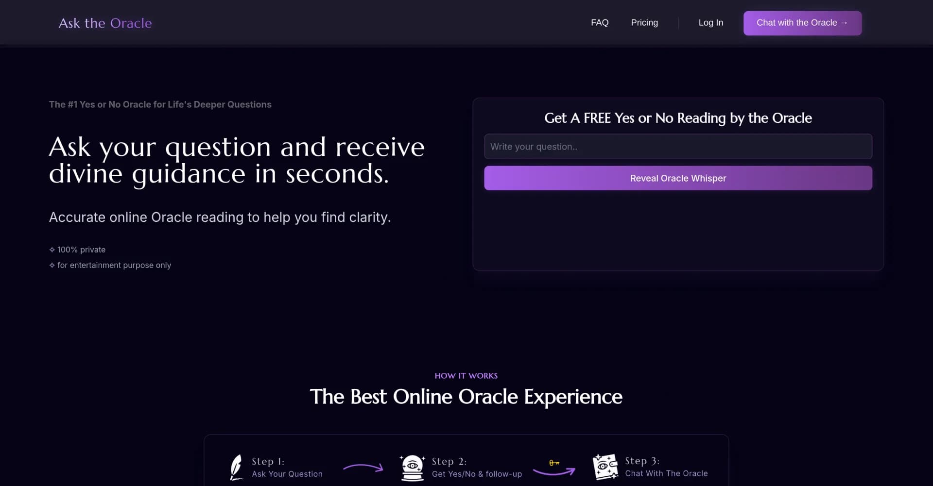 Ask The Oracle homepage screenshot — Get divine guidance for life's deeper questions