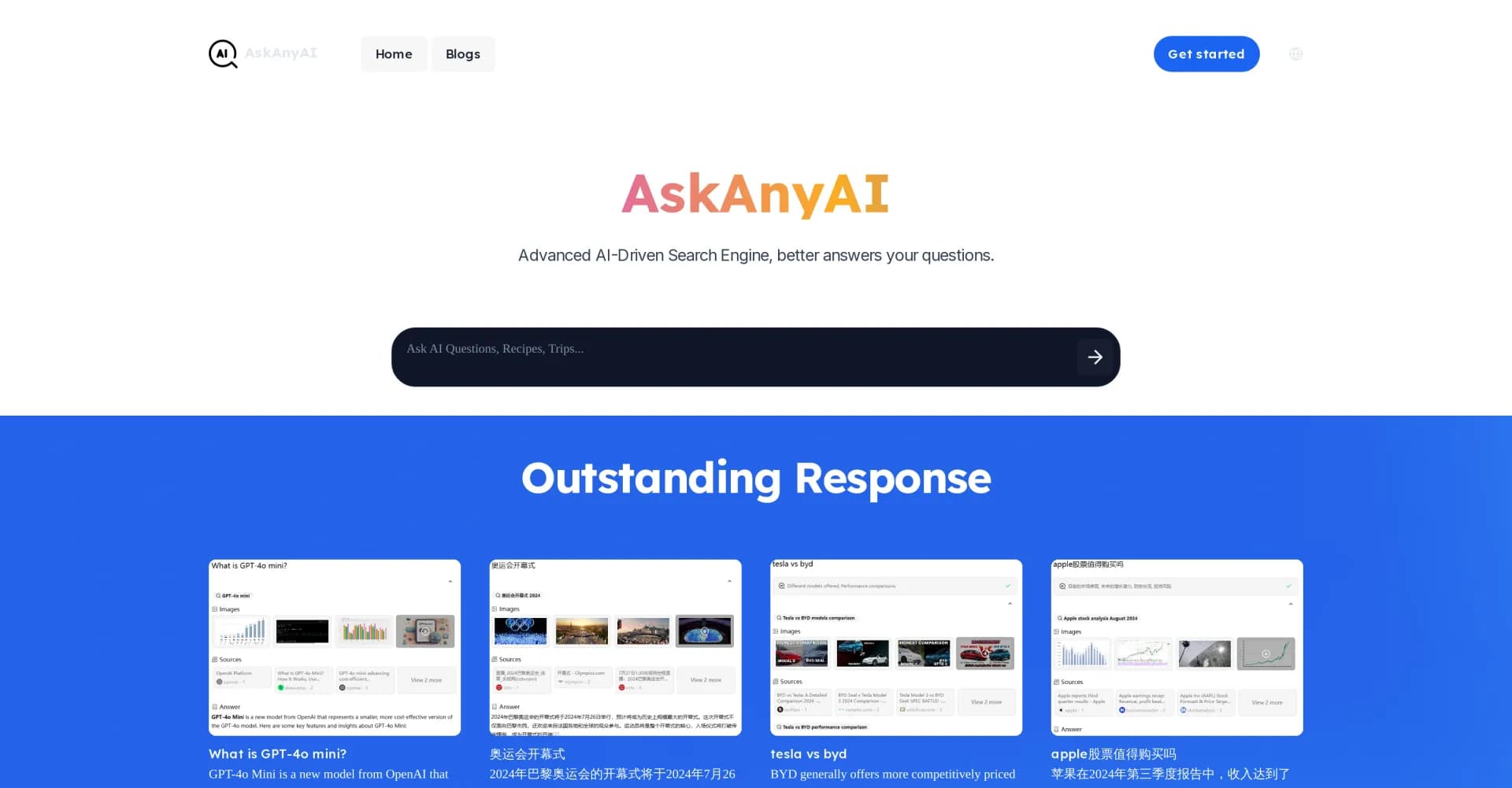 AskAnyAI homepage screenshot — AI-powered search for better answers