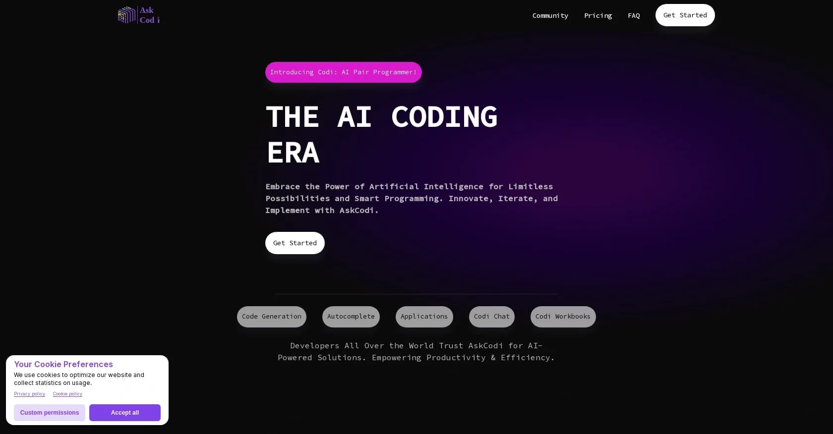 AskCodi homepage screenshot — AI pair programmer for limitless coding possibilities