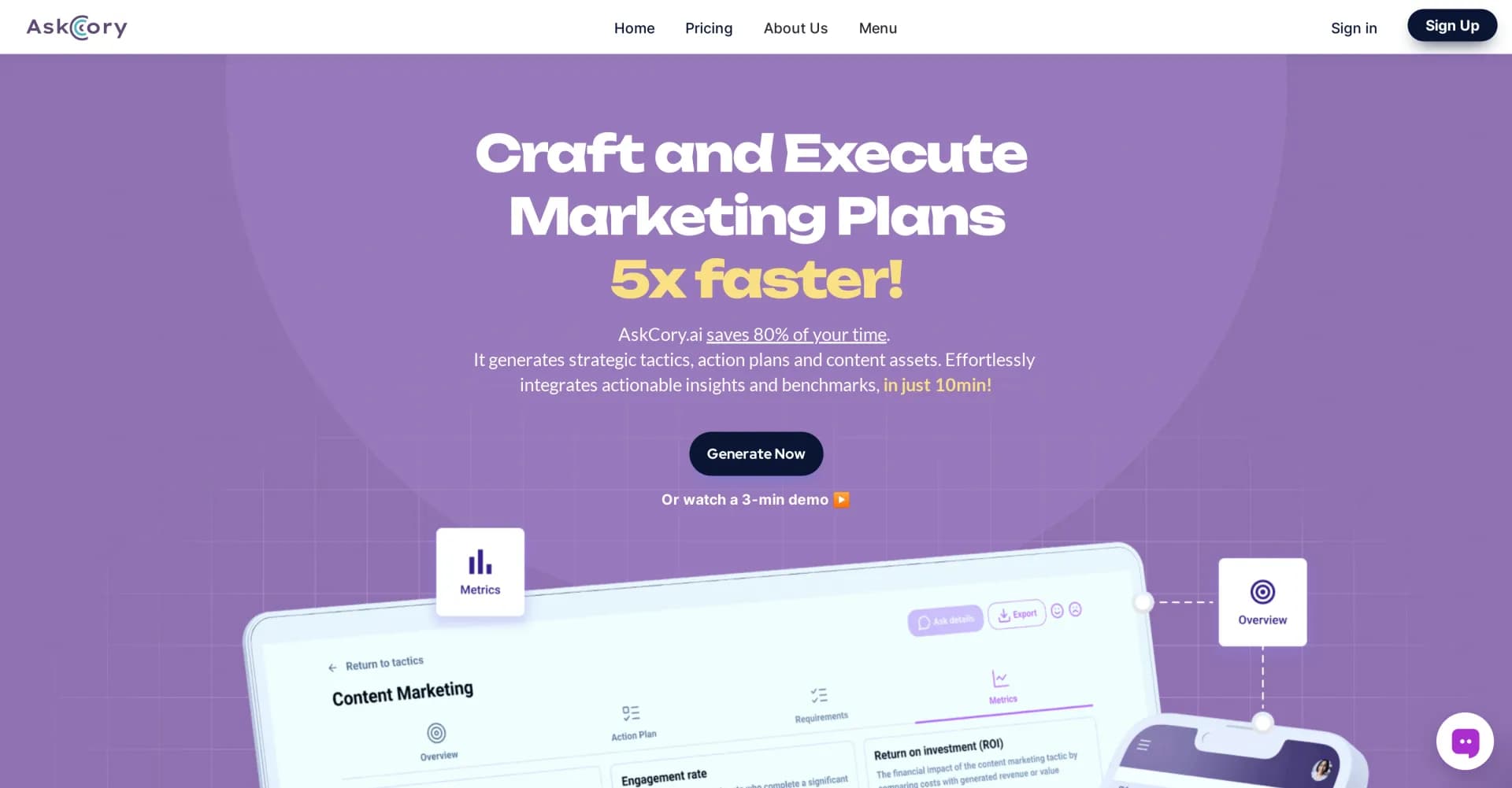AskCory homepage screenshot — Craft and execute marketing plans 5x faster!
