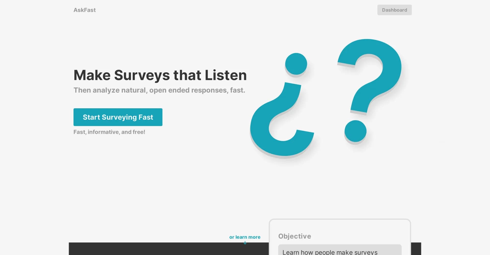 AskFast homepage screenshot — AI-powered surveying for faster insights.