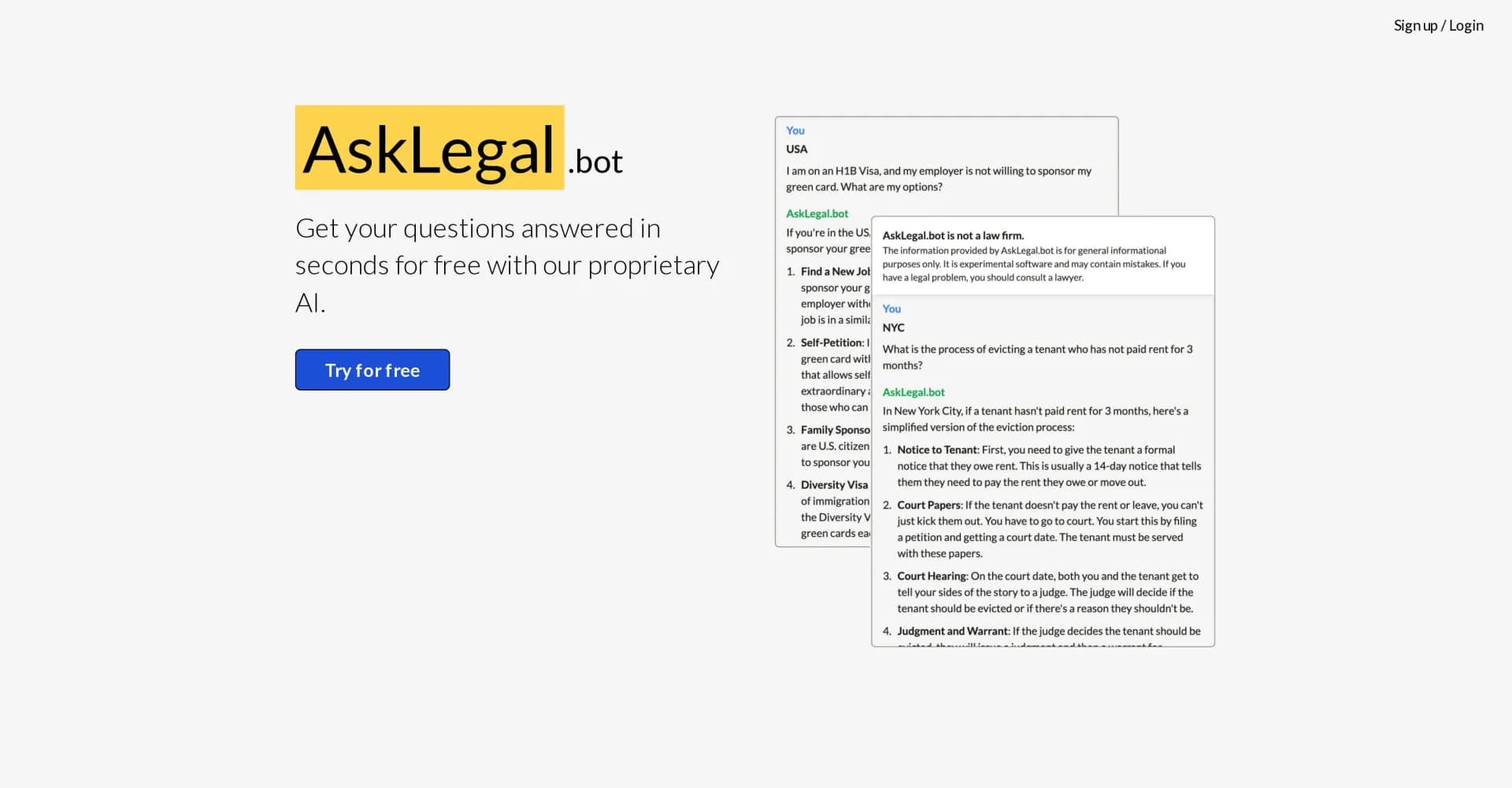 AskLegal.bot homepage screenshot — Simple legal answers in seconds.