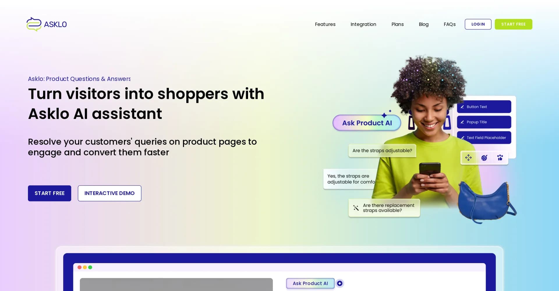 Asklo AI homepage screenshot — Instantly answer product questions to boost conversions.