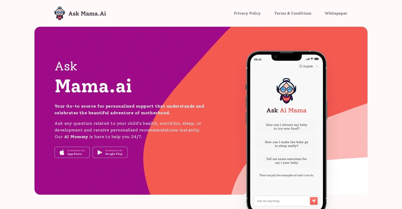 AskMama homepage screenshot — AI-powered personalized support for motherhood