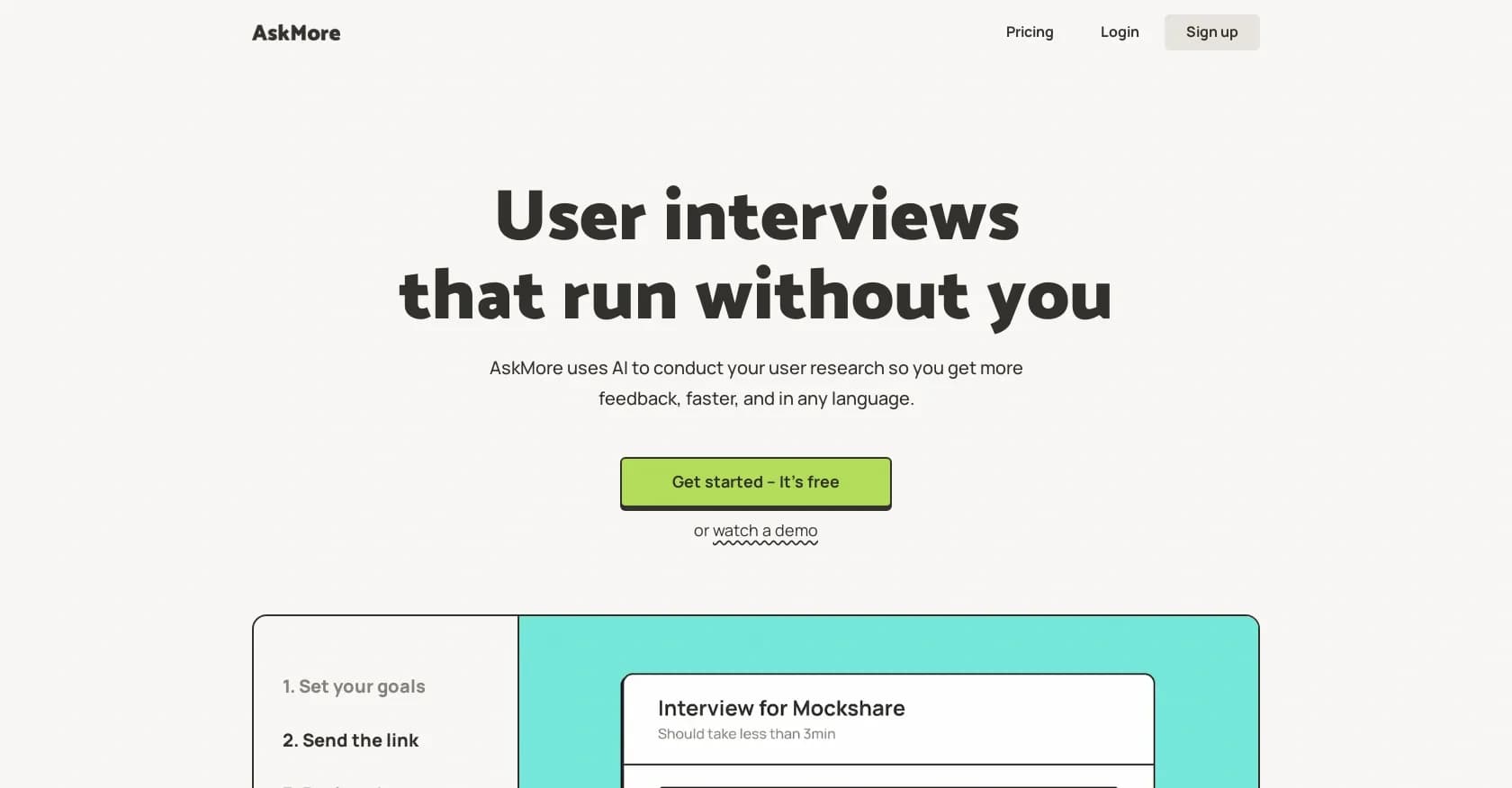 AskMore homepage screenshot — AI-powered user interviews for faster, scalable research.