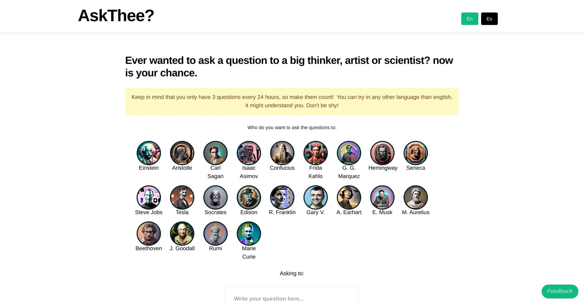 AskThee homepage screenshot — Ask daily questions to great minds and feed your curiosity.