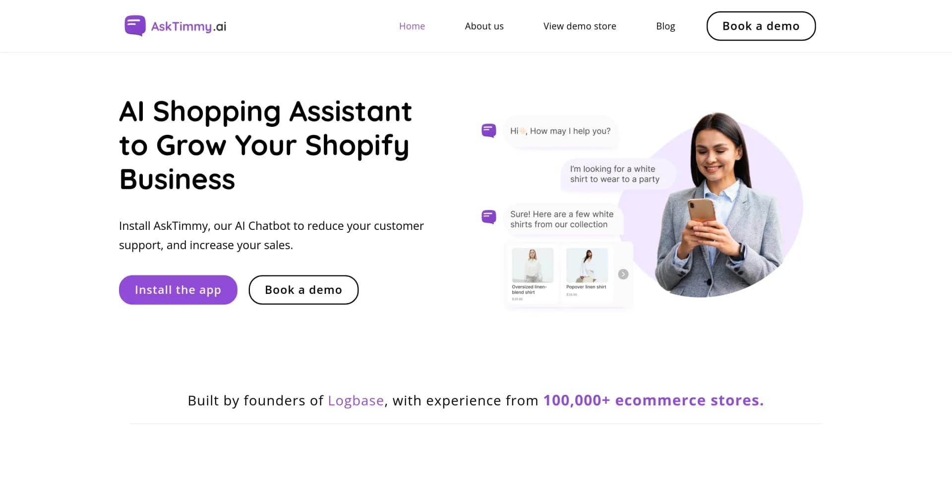 AskTimmy homepage screenshot — AI Chatbot to reduce support and boost sales