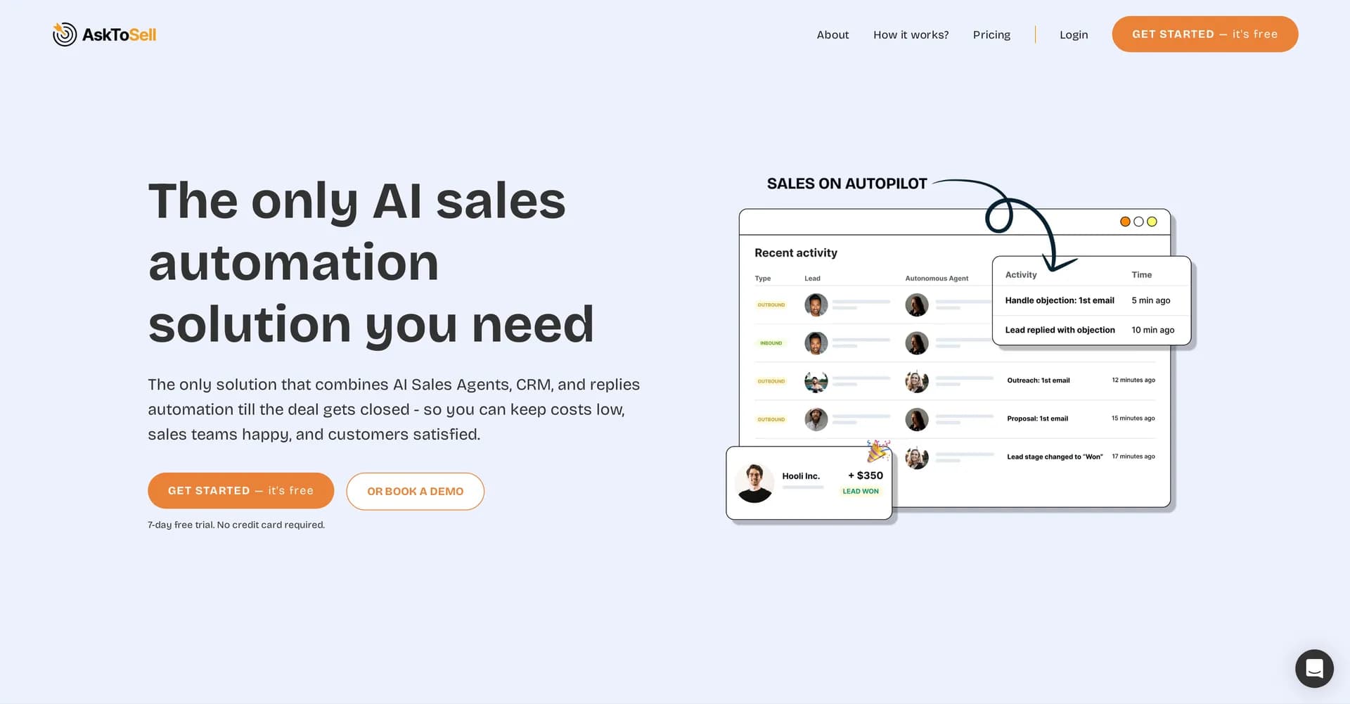 AskToSell homepage screenshot — Close deals on autopilot with AI sales automation
