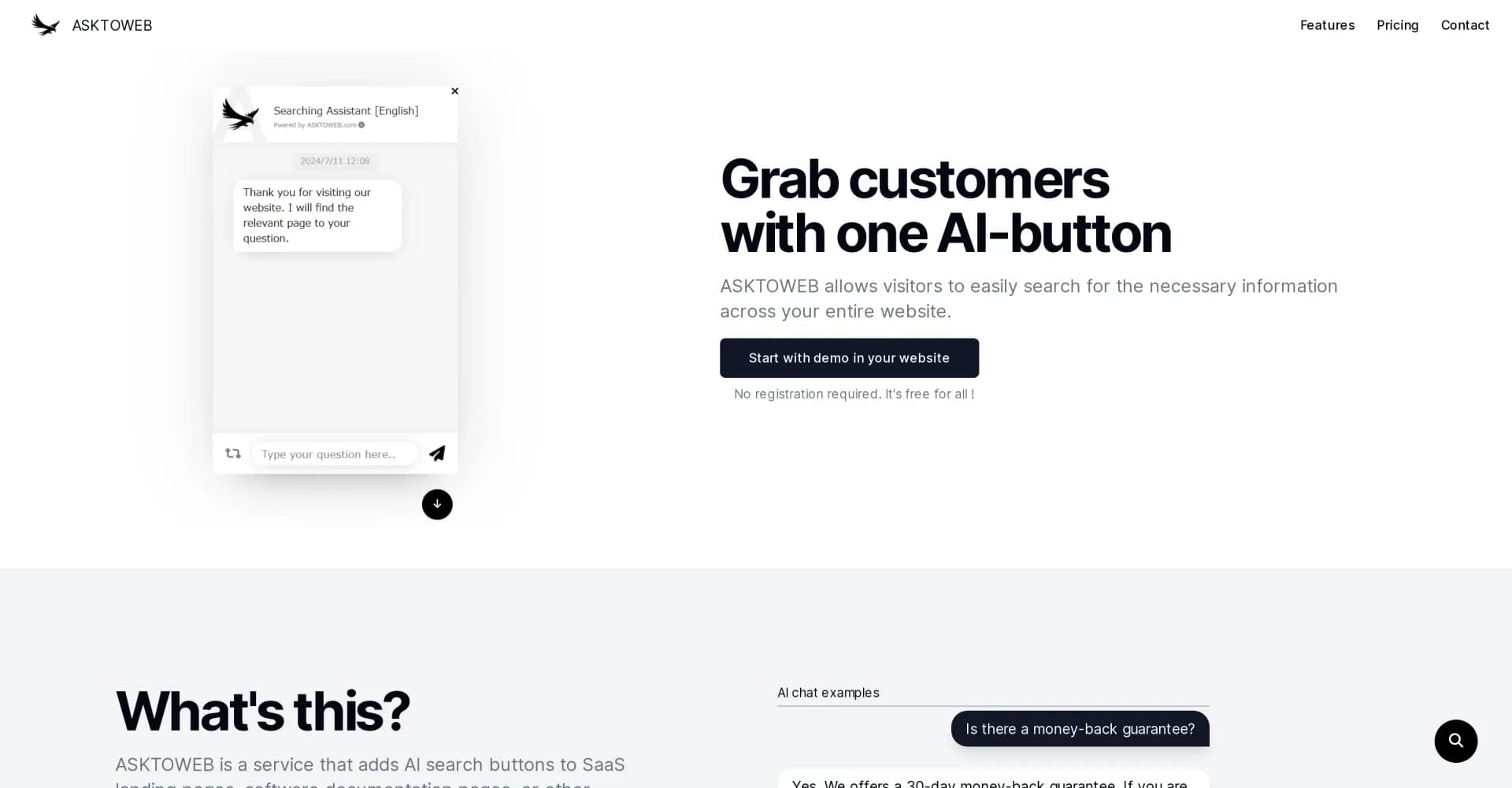 AskToWeb homepage screenshot — AI search for your website in one button