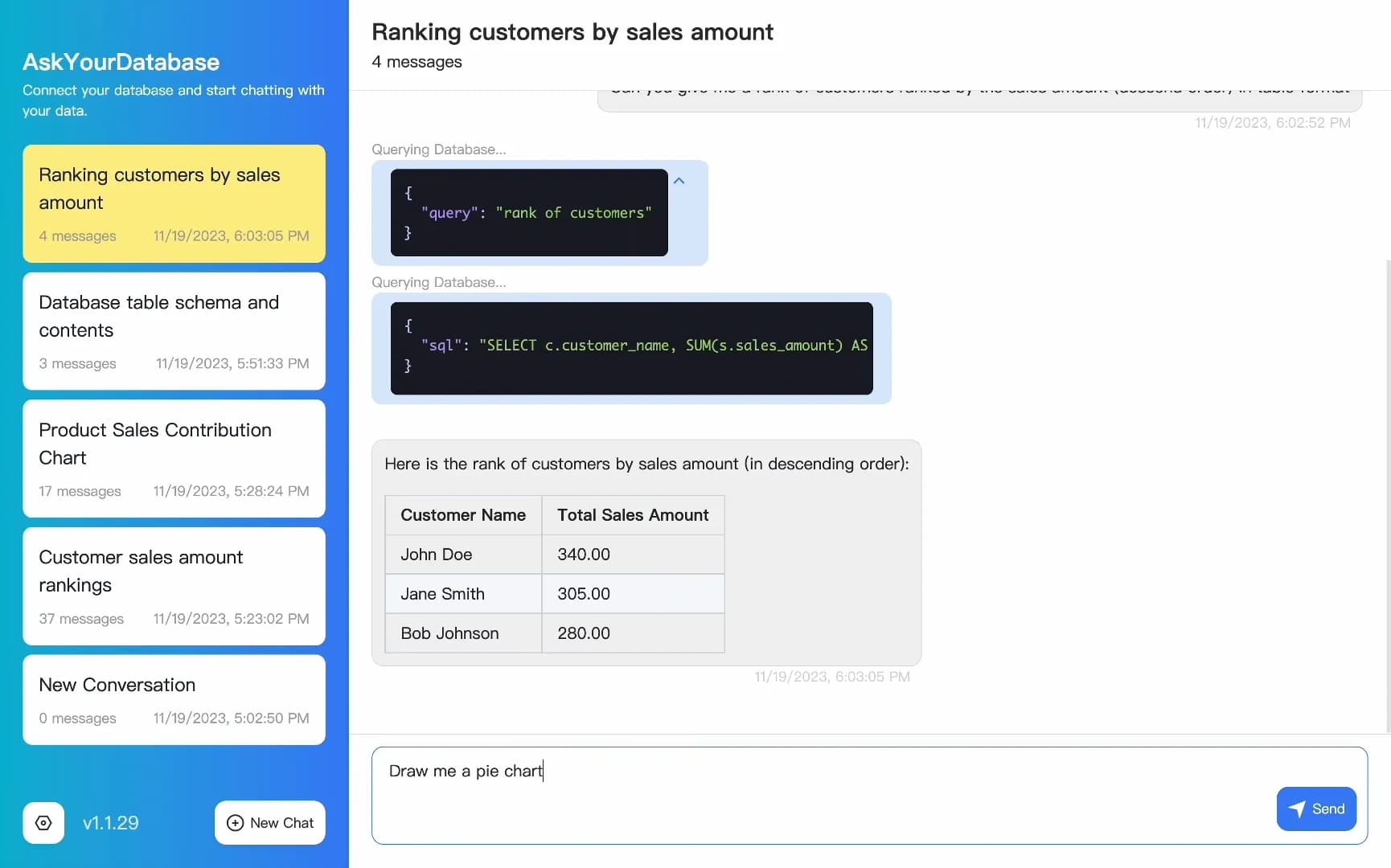 AskYourDatabase homepage screenshot — Chat with SQL databases