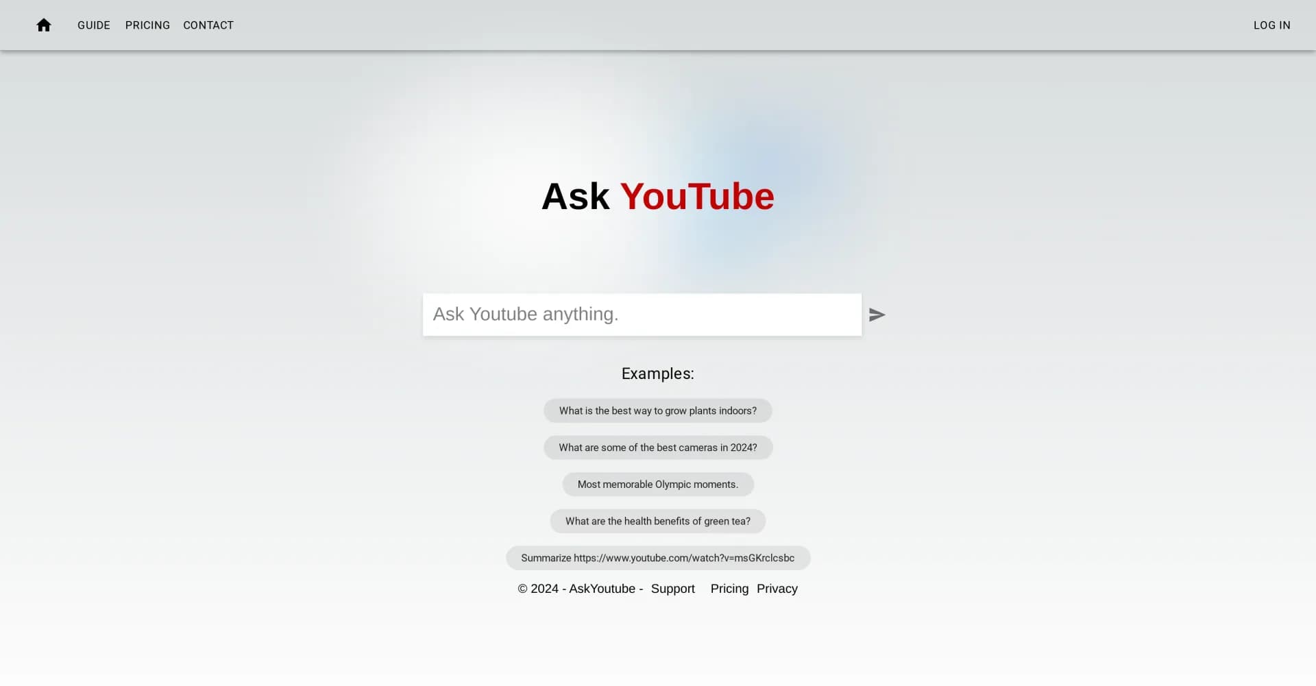 Askyoutube homepage screenshot — Get instant answers from Youtube videos without watching.