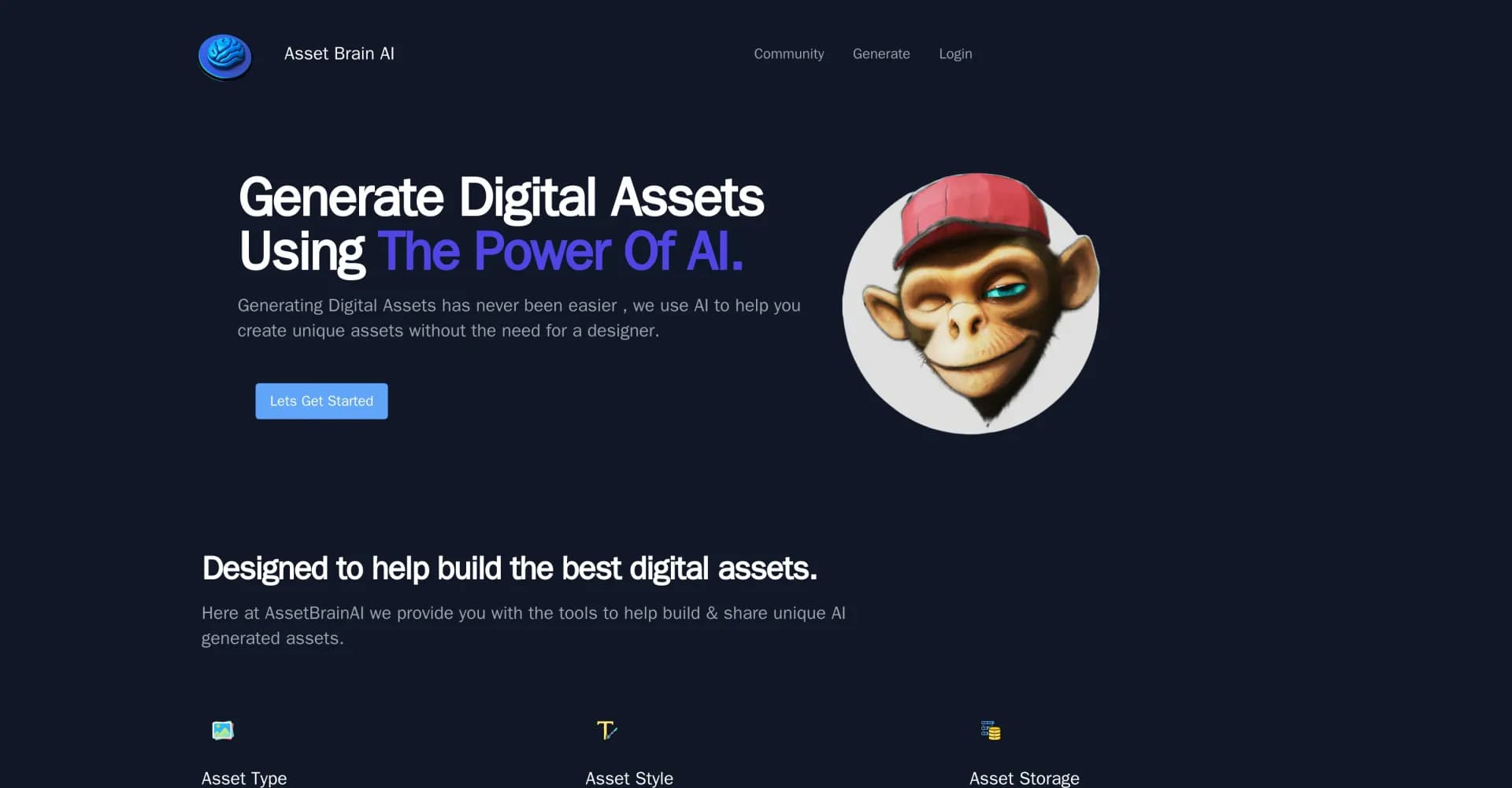 Asset Brain AI homepage screenshot — Generate unique digital assets with AI