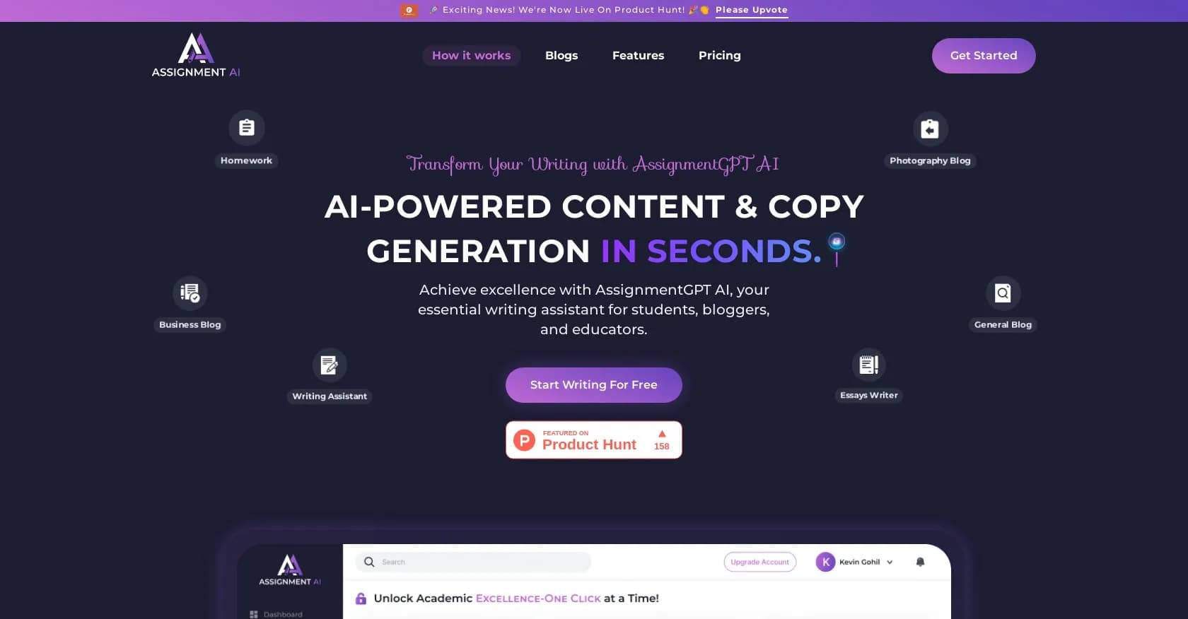 AssignmentGPT homepage screenshot — AI-powered writing assistant for speed and excellence.