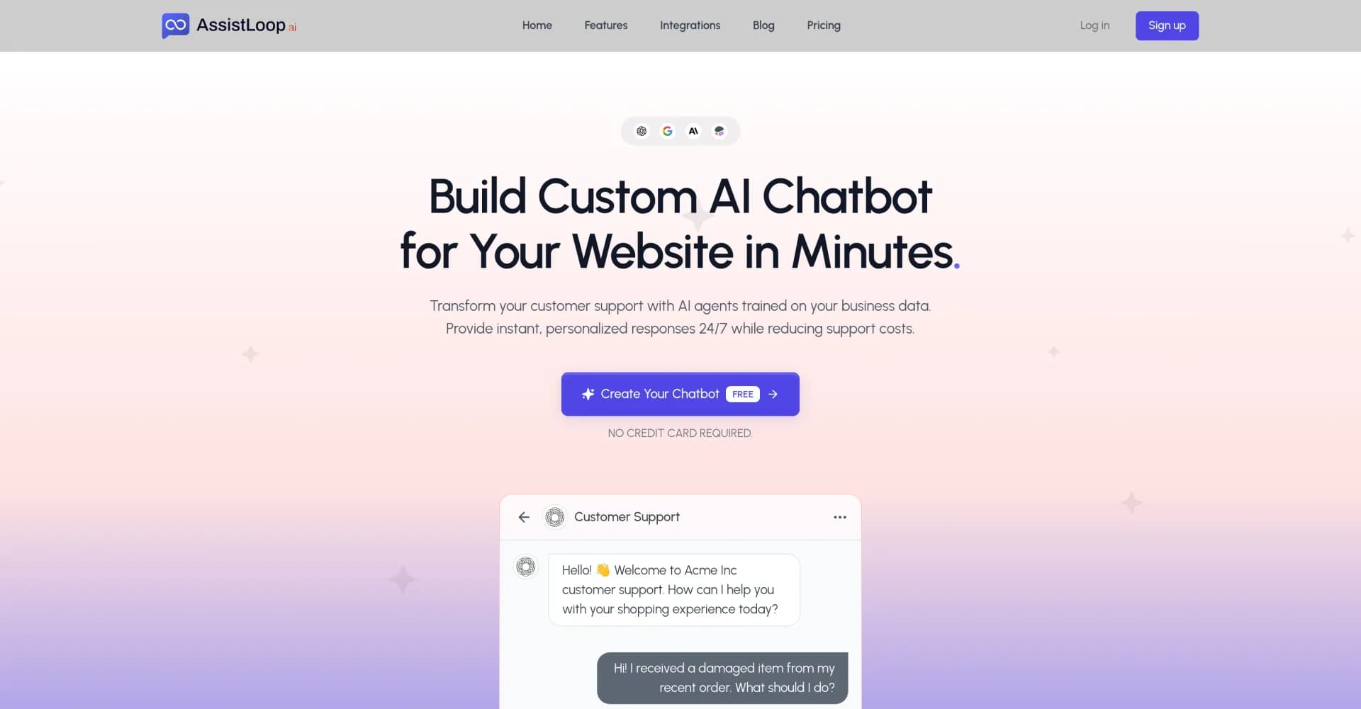 AssistLoop homepage screenshot — AI chatbots for personalized 24/7 customer support