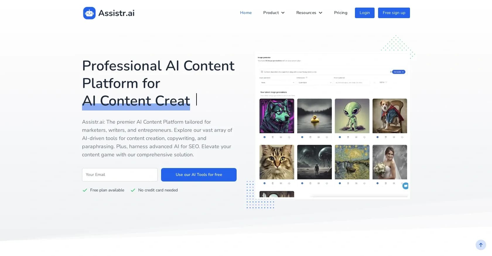 Assistr homepage screenshot — Unleash AI-powered content creation for free.