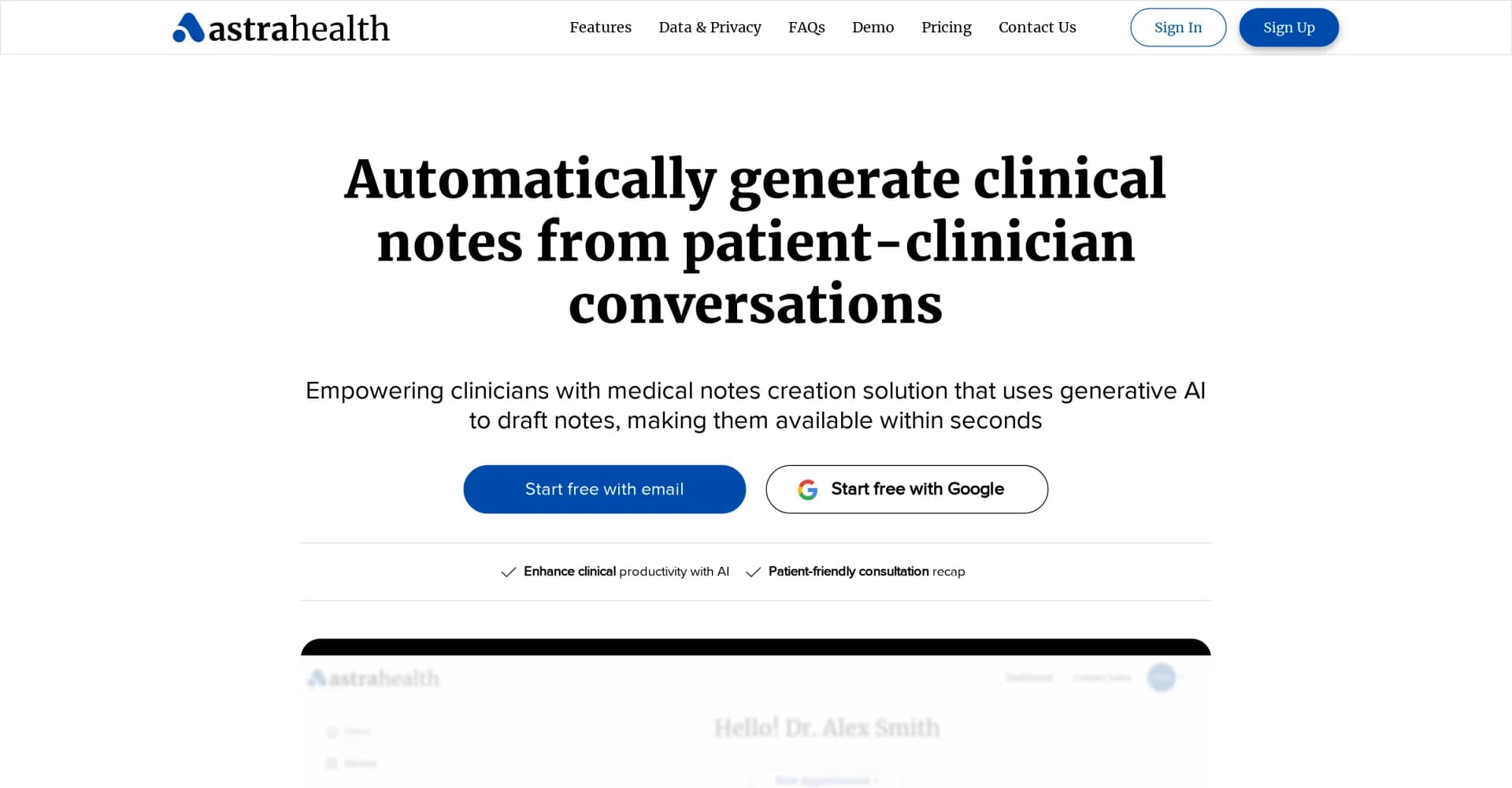 Astra Health homepage screenshot — AI-powered clinical notes generation for enhanced healthcare