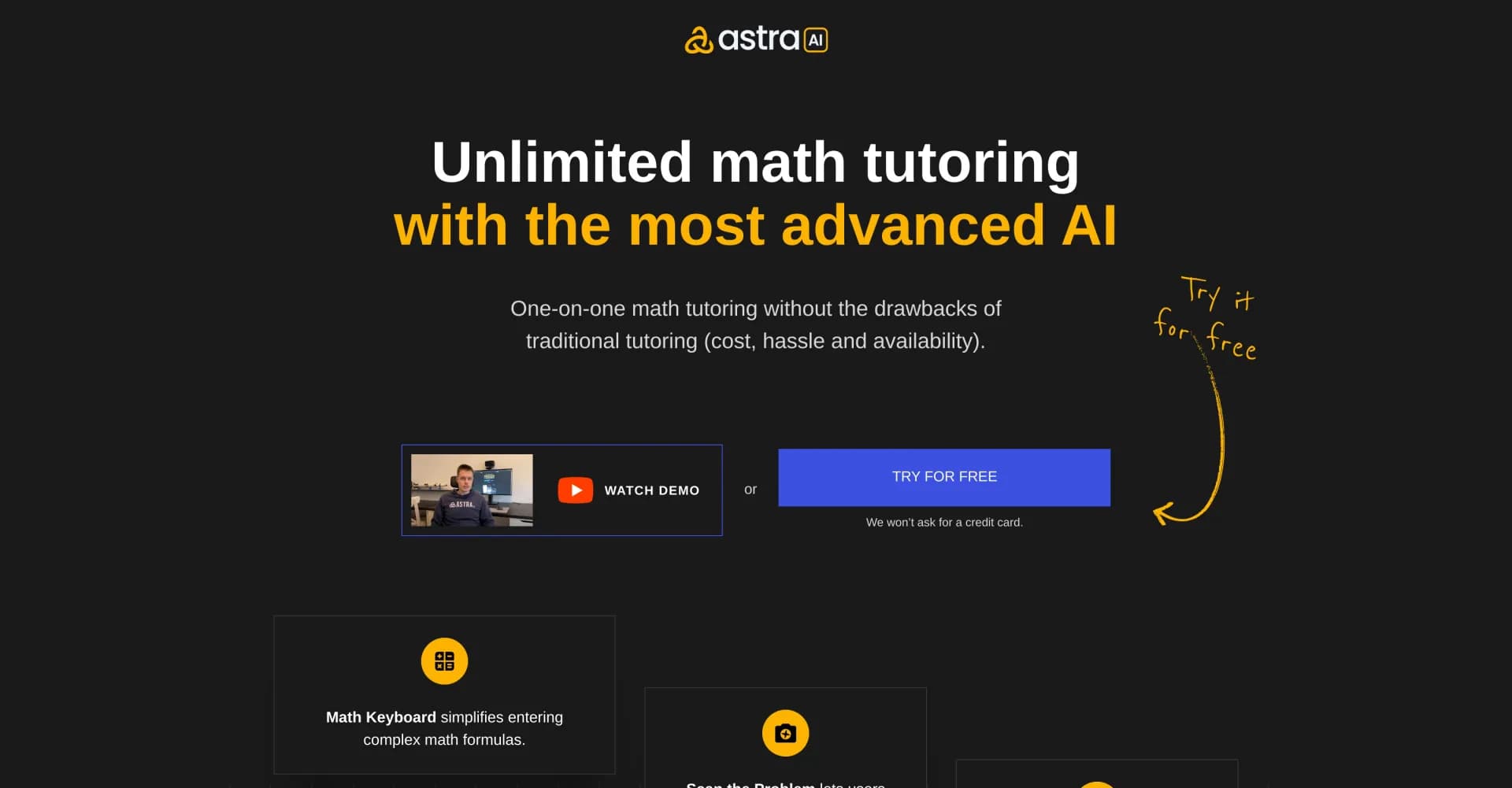 Astra homepage screenshot — Unlimited AI math tutoring, anytime, anywhere.
