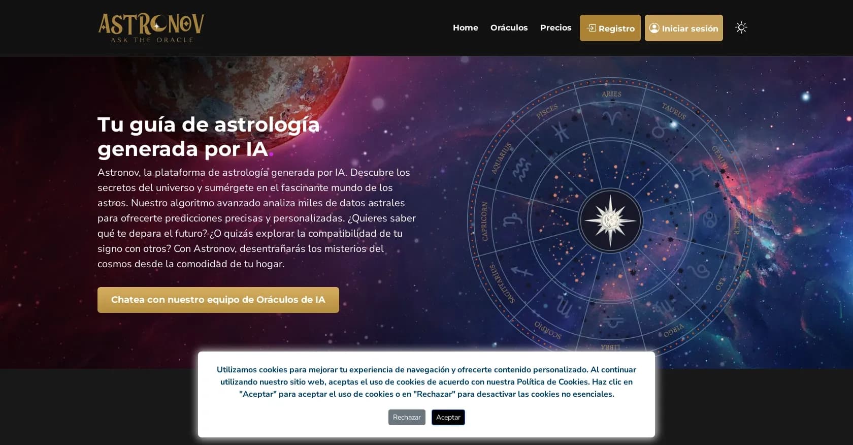 Astronov homepage screenshot — Descubre los secretos del cosmos con astrologa IA