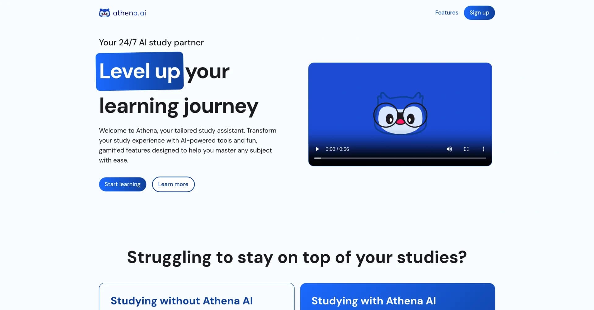 Athena homepage screenshot — Your 24/7 AI study buddy: Learn, quiz, and conquer.