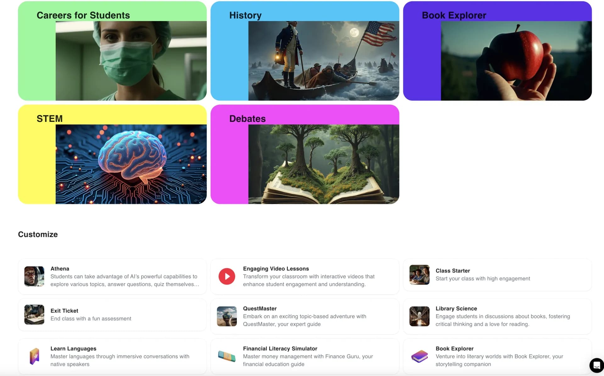 AthenaEdu homepage screenshot — AI-powered educators, lessons, & activities