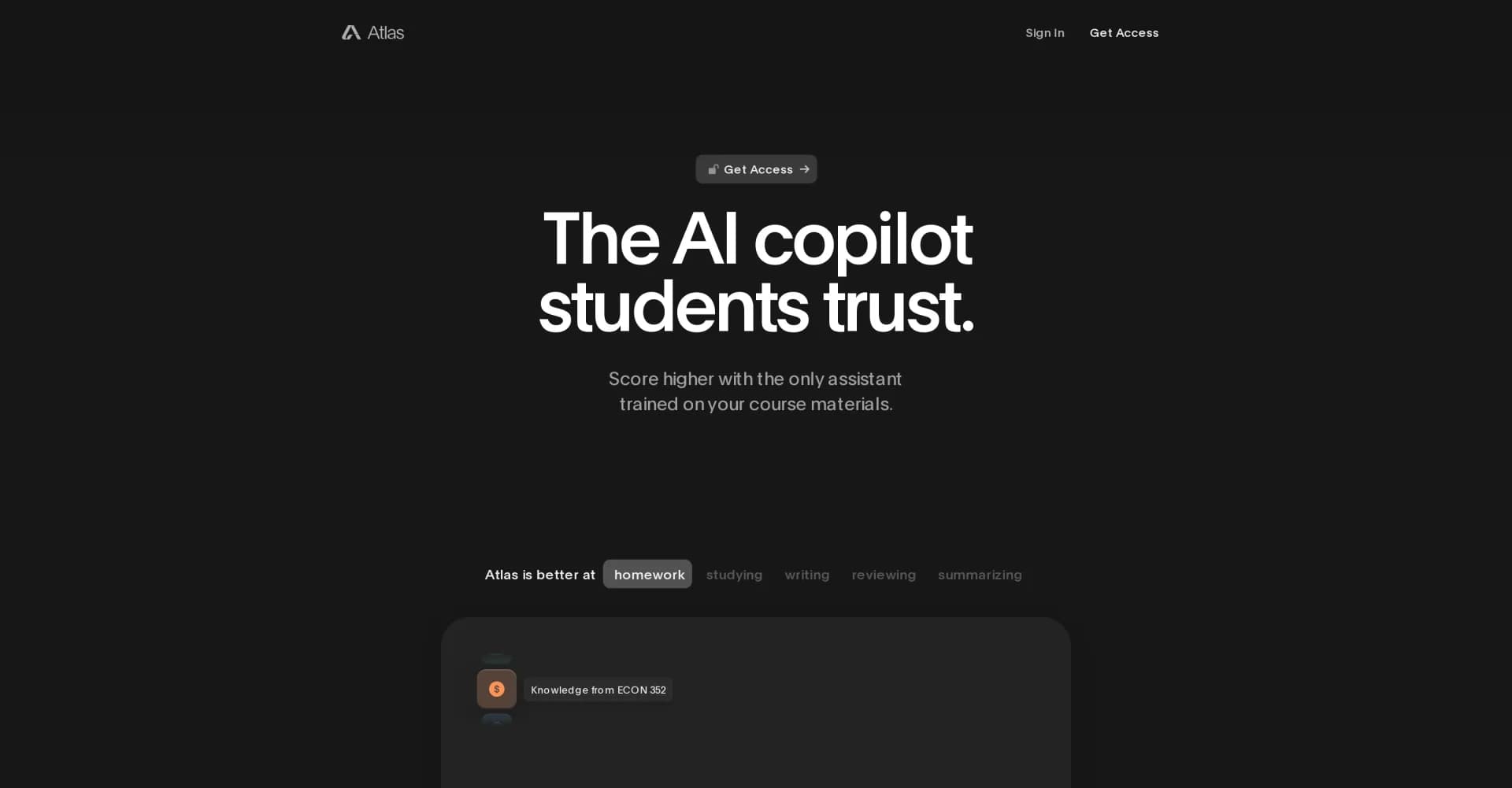 Atlas.org homepage screenshot — AI copilot for students: Score higher, stress less.