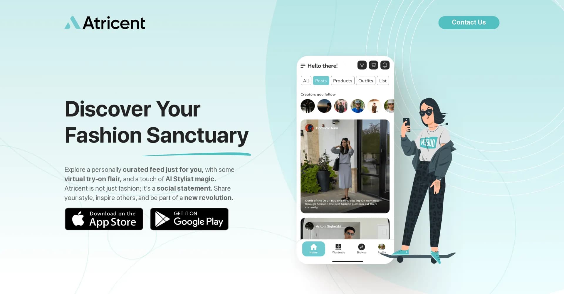 Atricent homepage screenshot — AI-powered personal styling with virtual try-ons