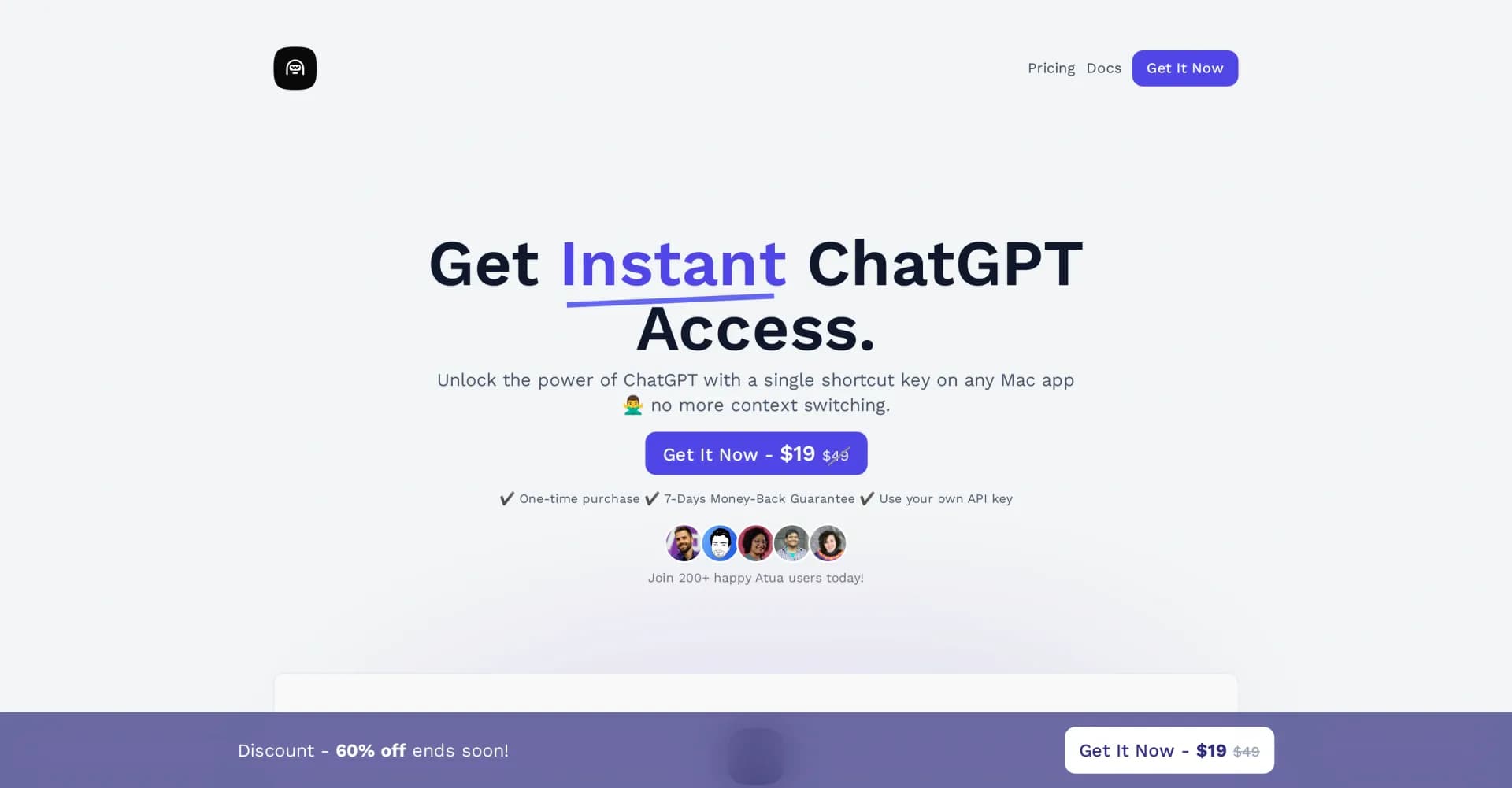 Atua homepage screenshot — Instant ChatGPT access with a single shortcut key.