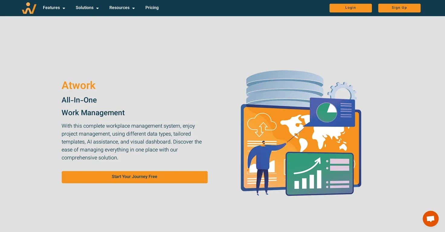 Atwork homepage screenshot — All-in-one work management for a brighter workplace future.