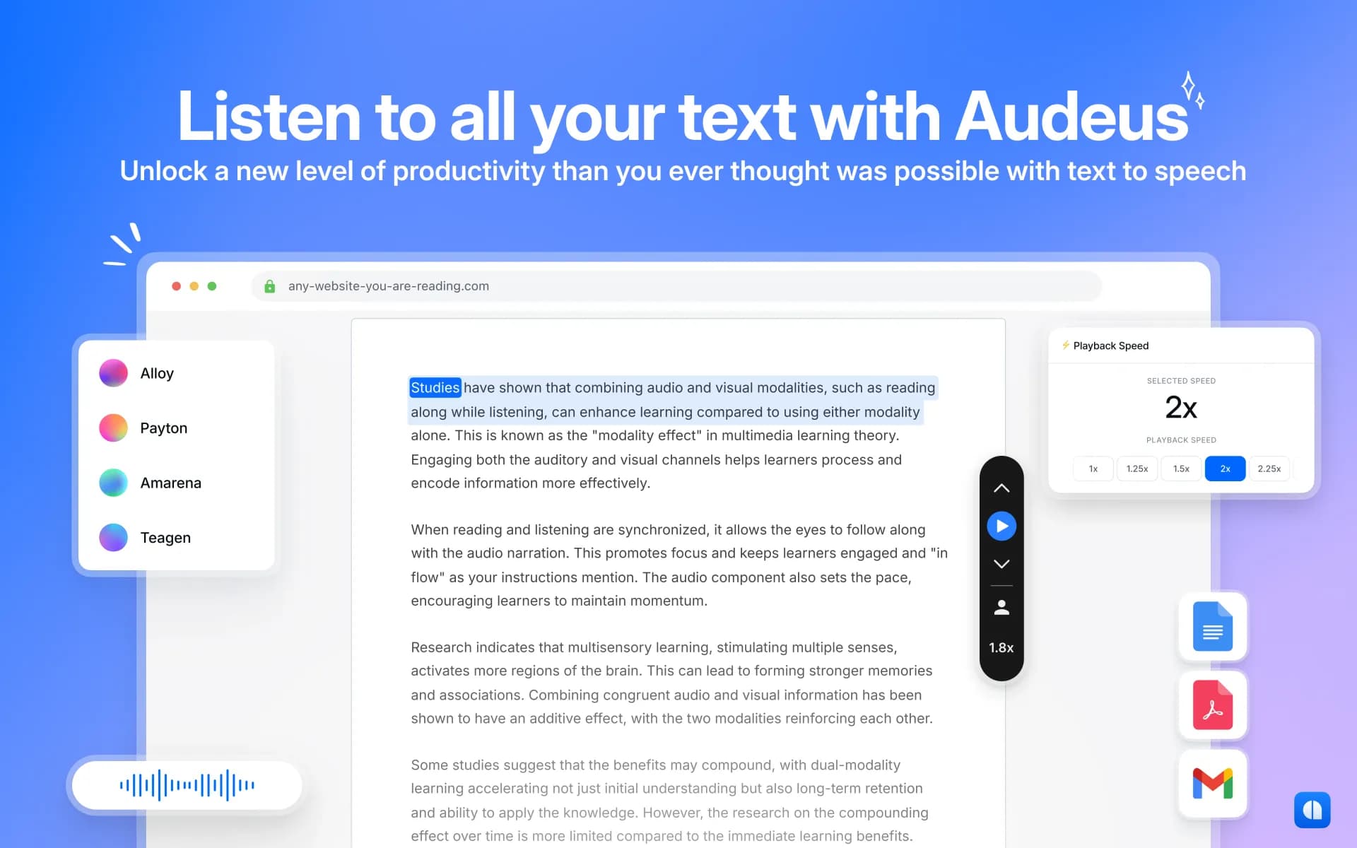 Text to Speech Reader by Audeus homepage screenshot — Read aloud PDFs, GDocs, & more using text-to-speech to boost