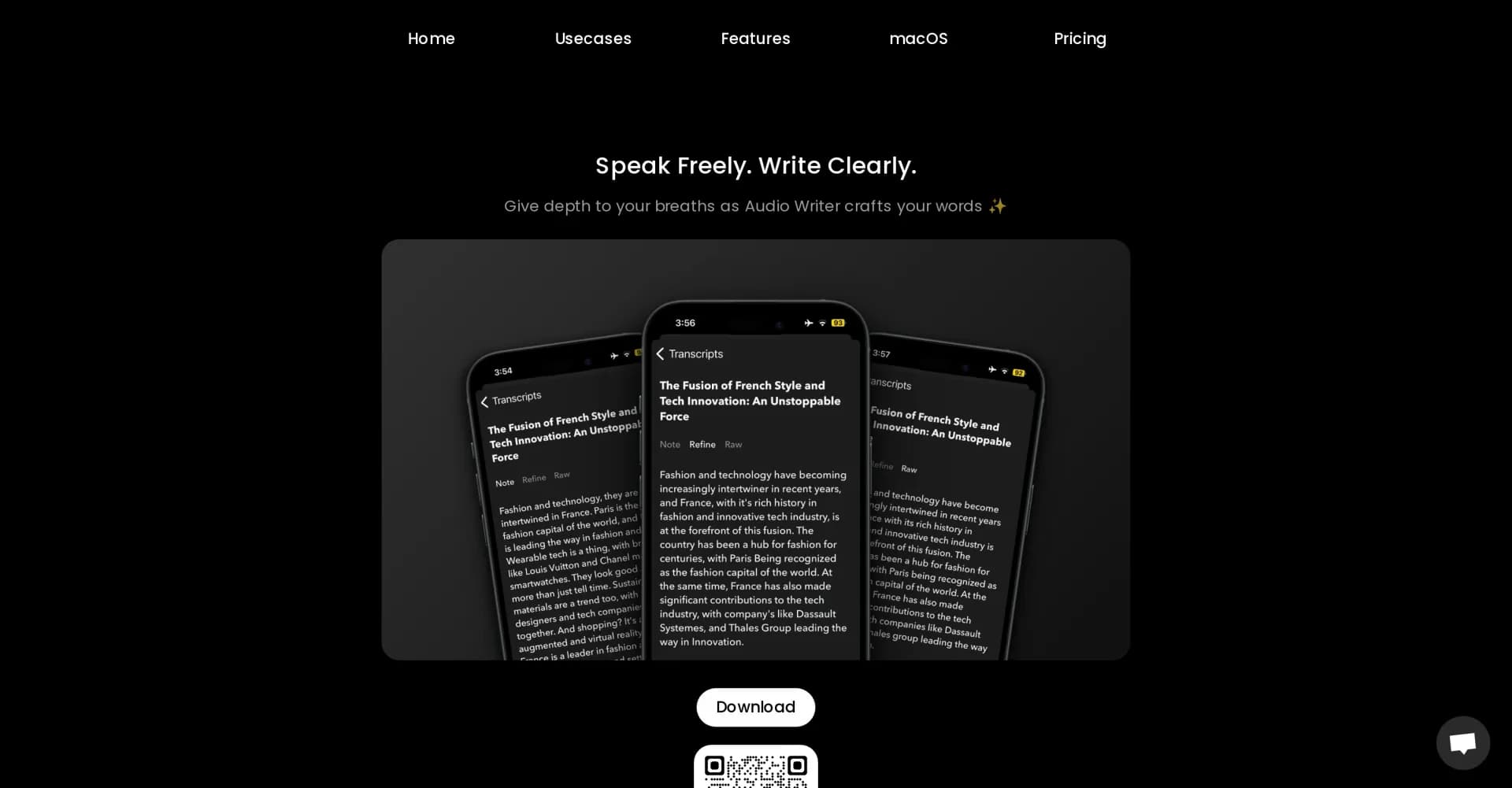 Audio Writer homepage screenshot — Transform spoken thoughts into polished writing.