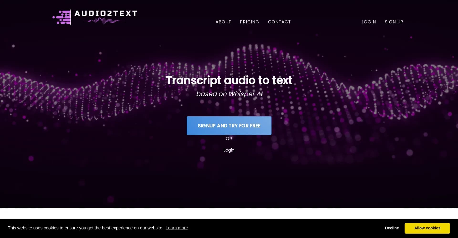 Audio2Text homepage screenshot — Convert audio to text with ease and accuracy.