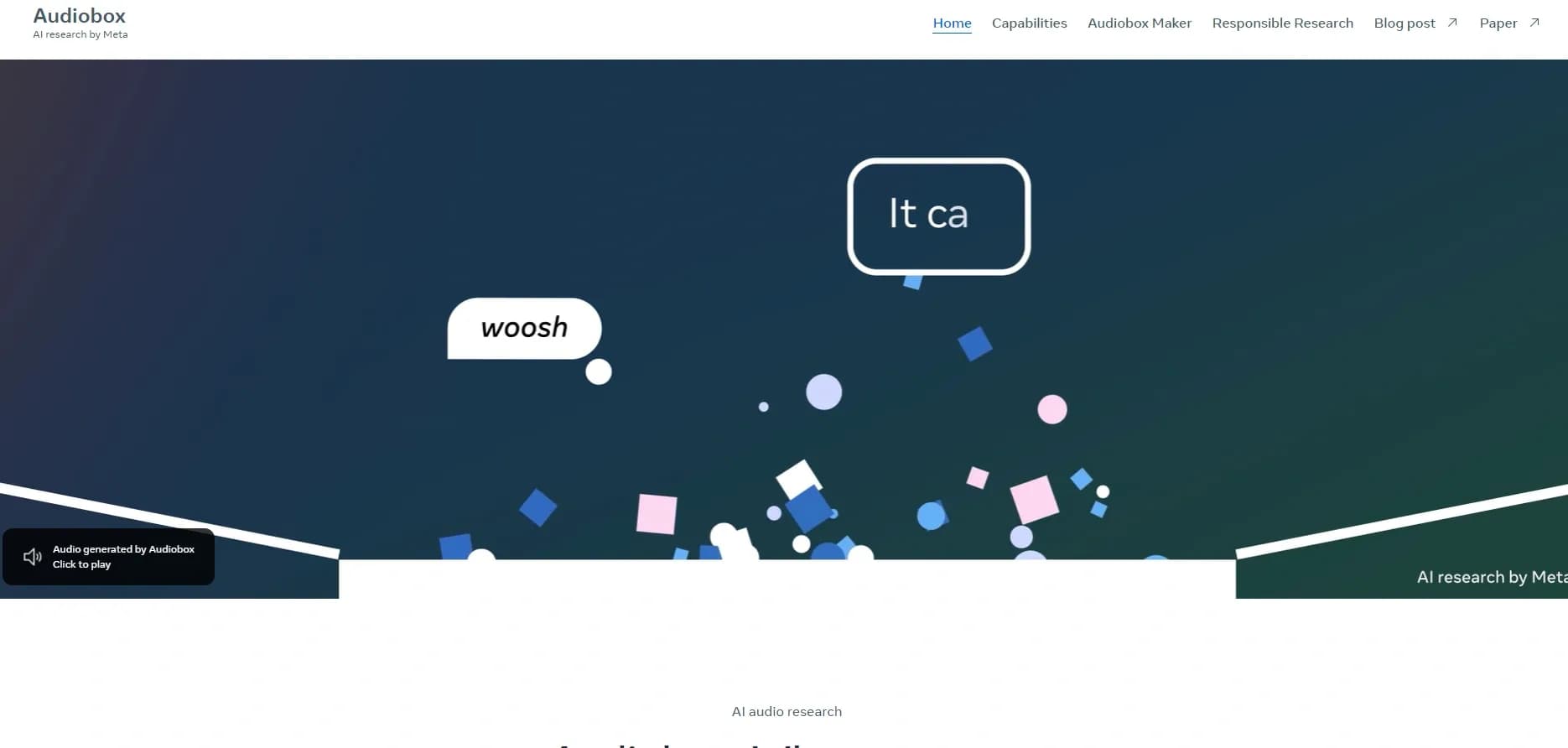 Audiobox by Meta homepage screenshot — Generate voices and sound effects with AI.