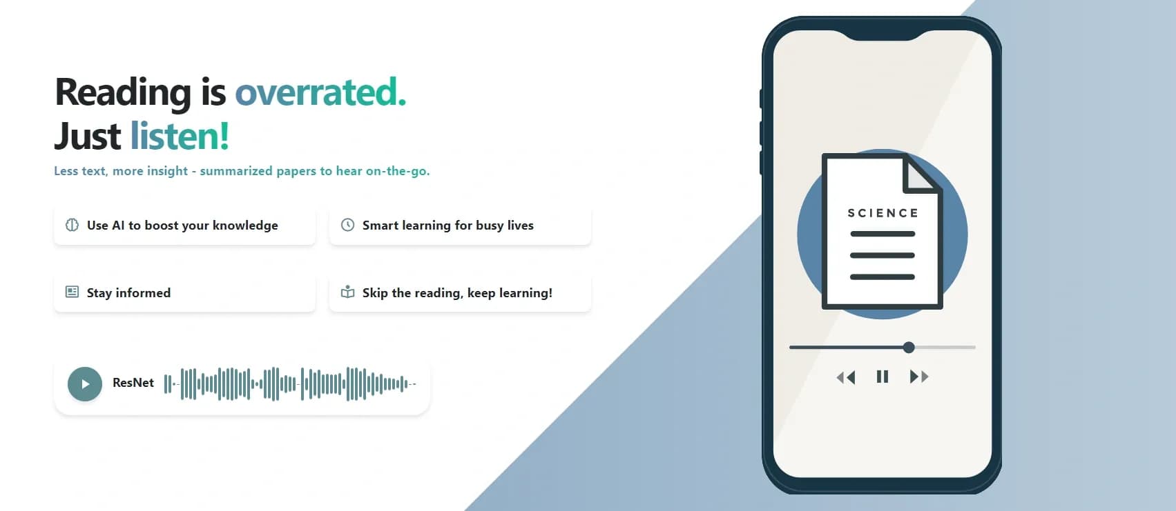 Audiolizer homepage screenshot — Convert any research paper to audio.