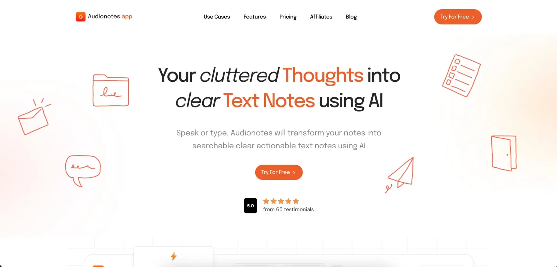 Audionotes homepage screenshot — Voice notes transcribed and summarized automatically.