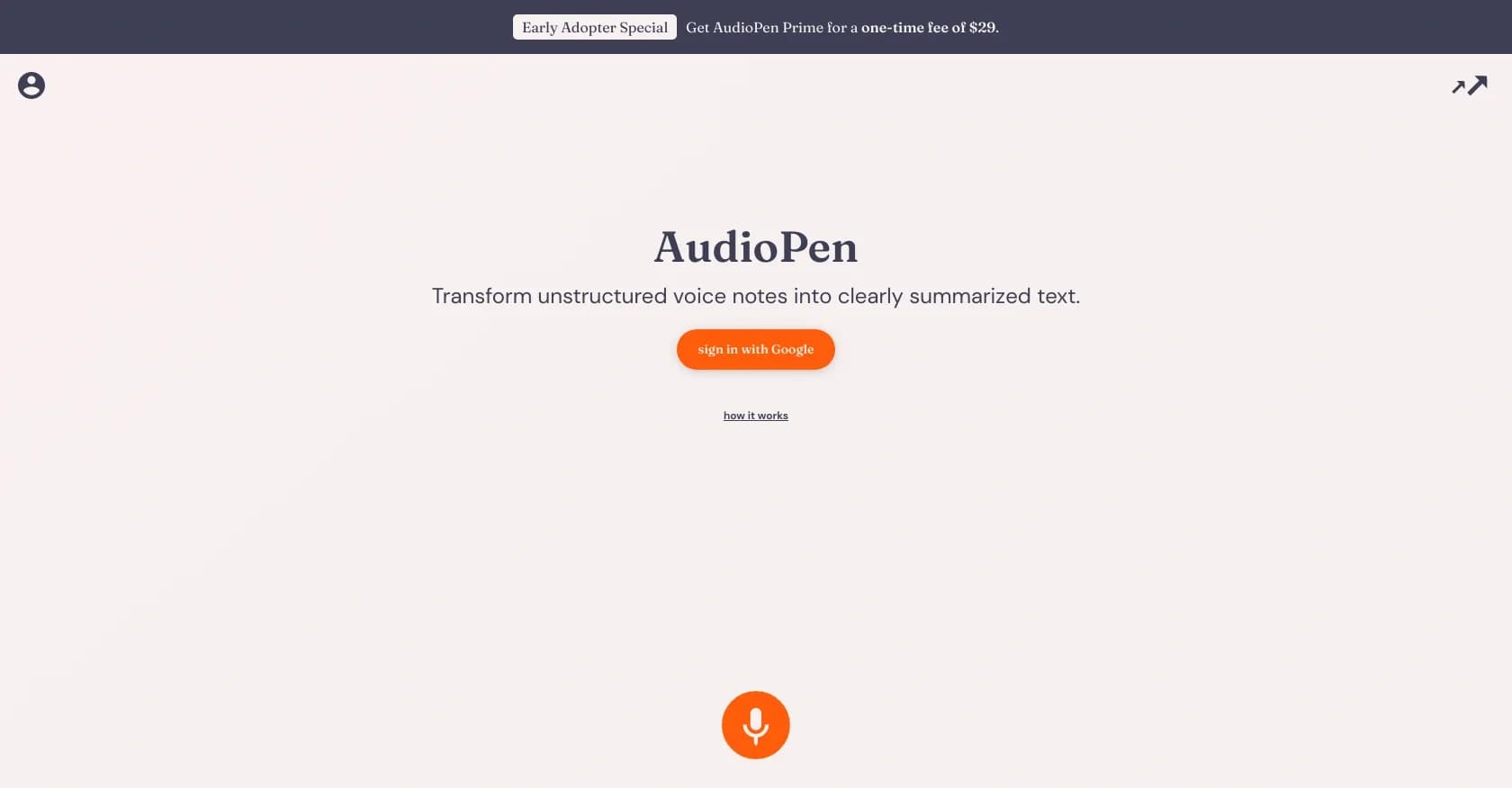 Audiopen homepage screenshot — Transform voice notes into clear summaries.