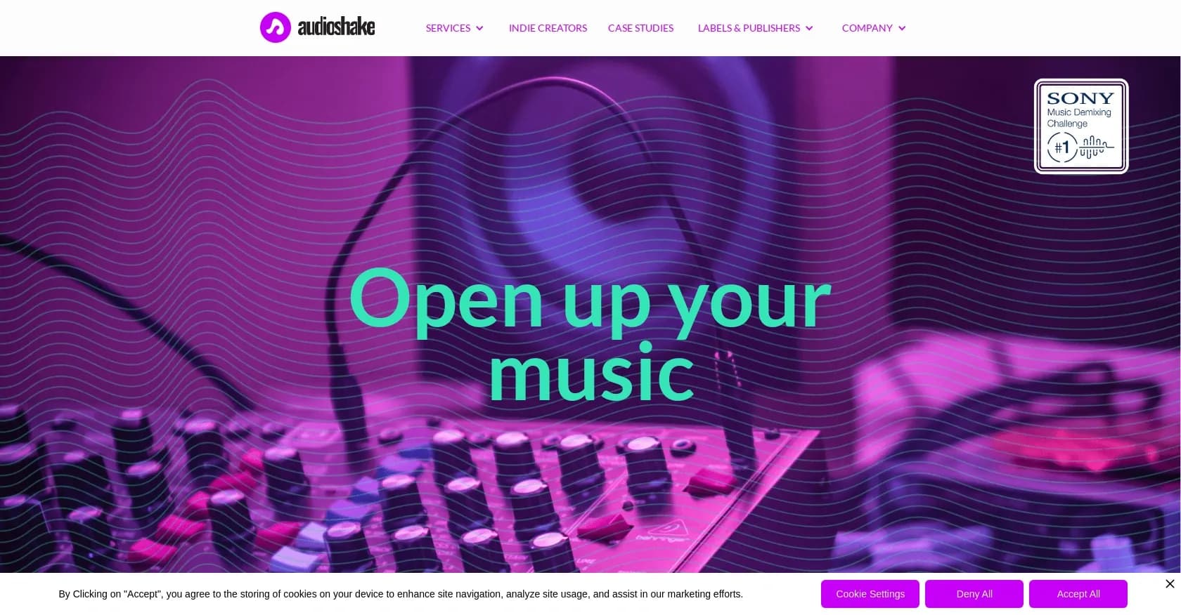 Audioshake homepage screenshot — Open up your music with AI-powered stem separation.