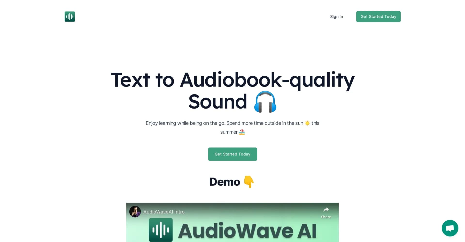 AudioWaveAI homepage screenshot — Convert text to audiobook quality sound