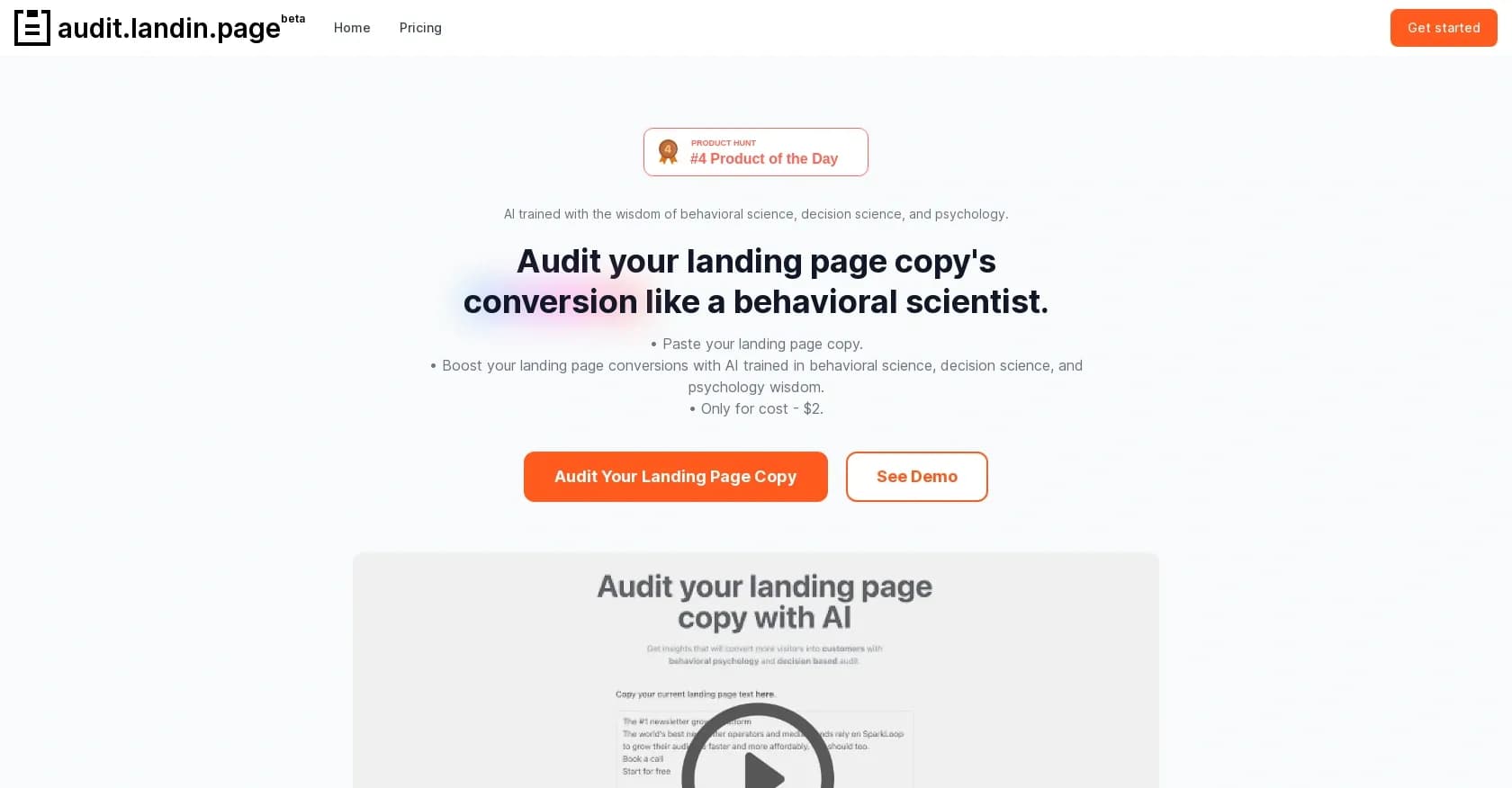 Audit Landin Page homepage screenshot — Optimized landing page copy boosts conversions.