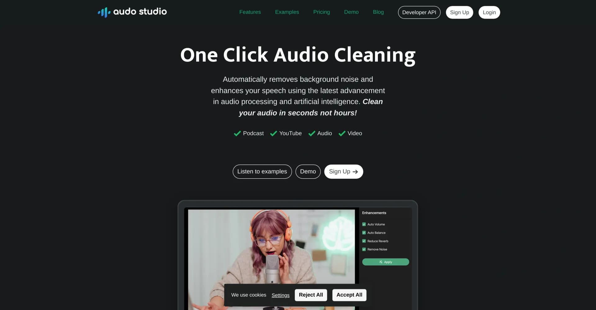Audo AI homepage screenshot — One click audio cleaning for content creators.