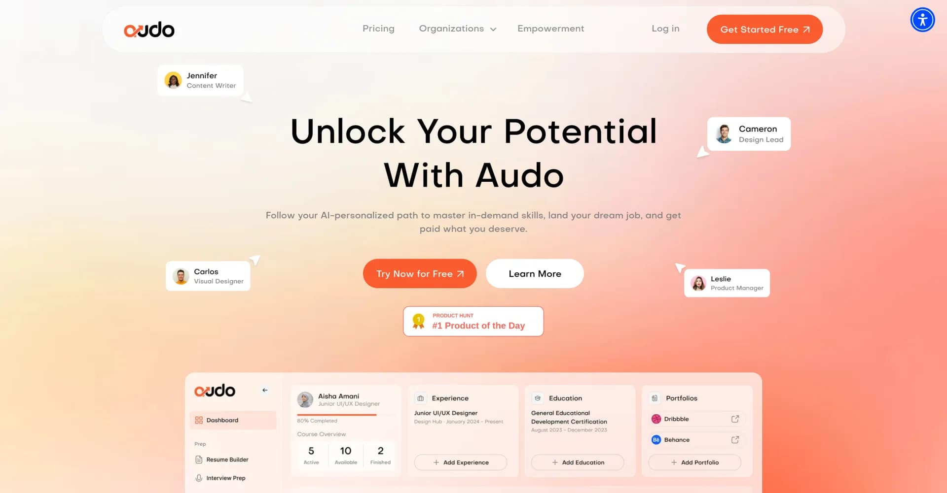 Audo homepage screenshot — Unlock your potential with AI-powered career guidance.