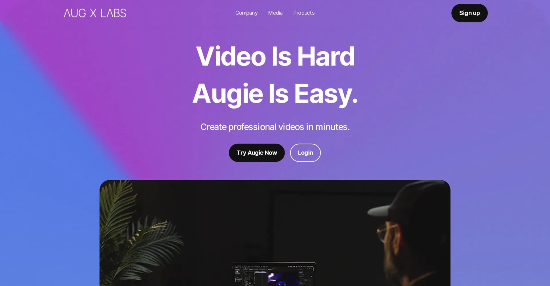 Augie homepage screenshot — Transform words into engaging videos.