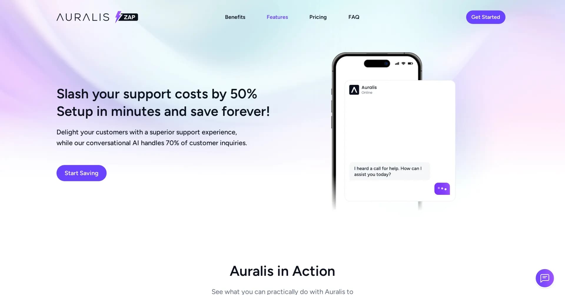 Auralis Zap homepage screenshot — AI-powered customer support that delights and saves.