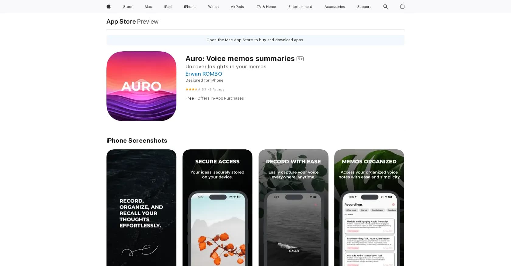 Auro homepage screenshot — Memo summarization & organization